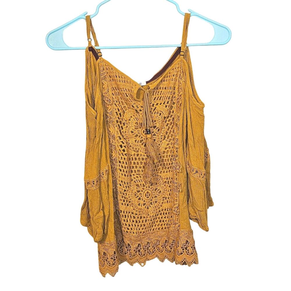 Taylor & Sage GoldenRod Orange Crochet Trumpet Sleeve Boho Indie Festival Medium